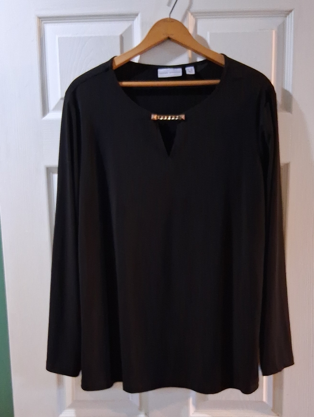 Susan Graver Black Long-Sleeve Keyhole Top with Gold Accent Stretchy